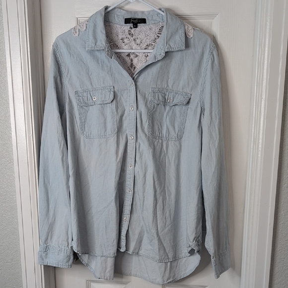 Earl Jeans Sky Blue Button Down Shirt with Lace - Picture 1 of 11